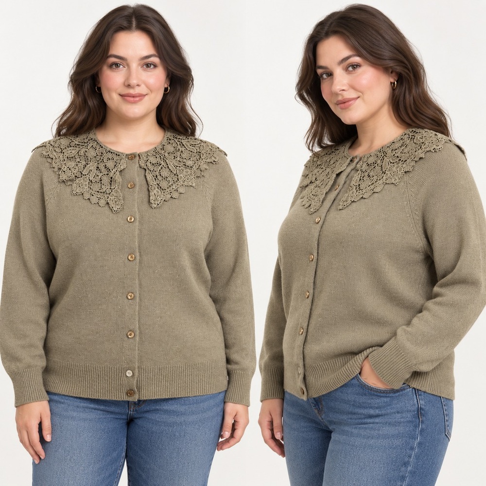 Vintage Together Lambswool Cardigan Medium Lace Collar Crochet Khaki Brown 90s